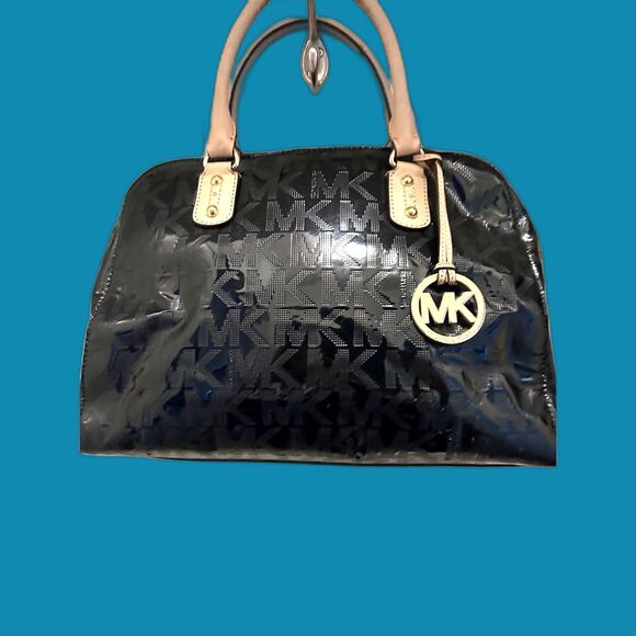 MICHAEL Michael Kors Black Signature Patent Leather Satchel with Gold MK Charm - Picture 1 of 8